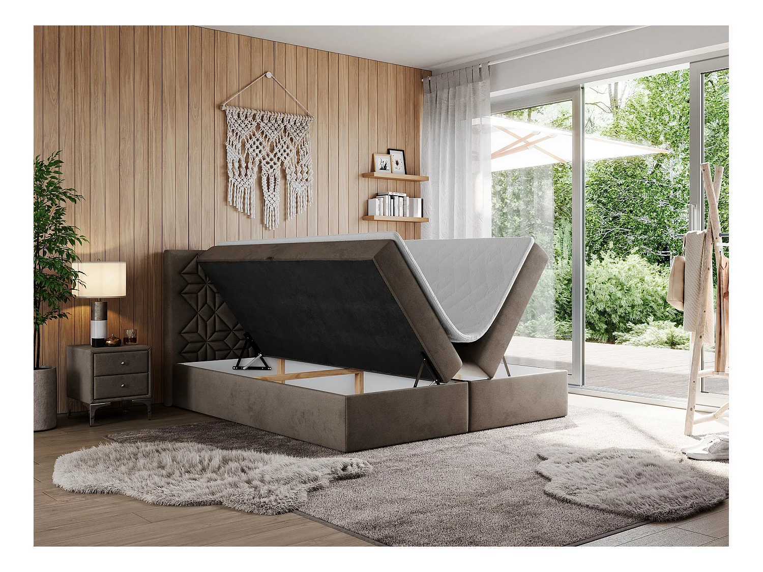 Boxspringbett LEILA - gestepptes Kopfteil,  7 Härtezonen Multipocket-Matratzen, Doppelbett mit Bettkästen - 180x200 cm - H3 - Braun Velvet