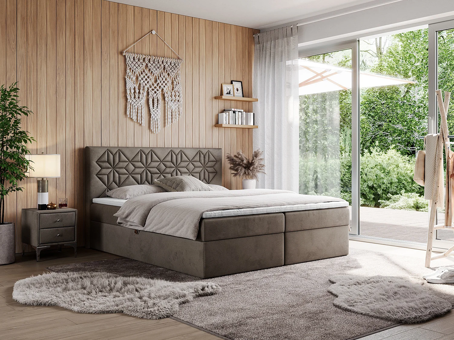 Boxspringbett LEILA - gestepptes Kopfteil,  7 Härtezonen Multipocket-Matratzen, Doppelbett mit Bettkästen - 180x200 cm - H3 - Braun Velvet