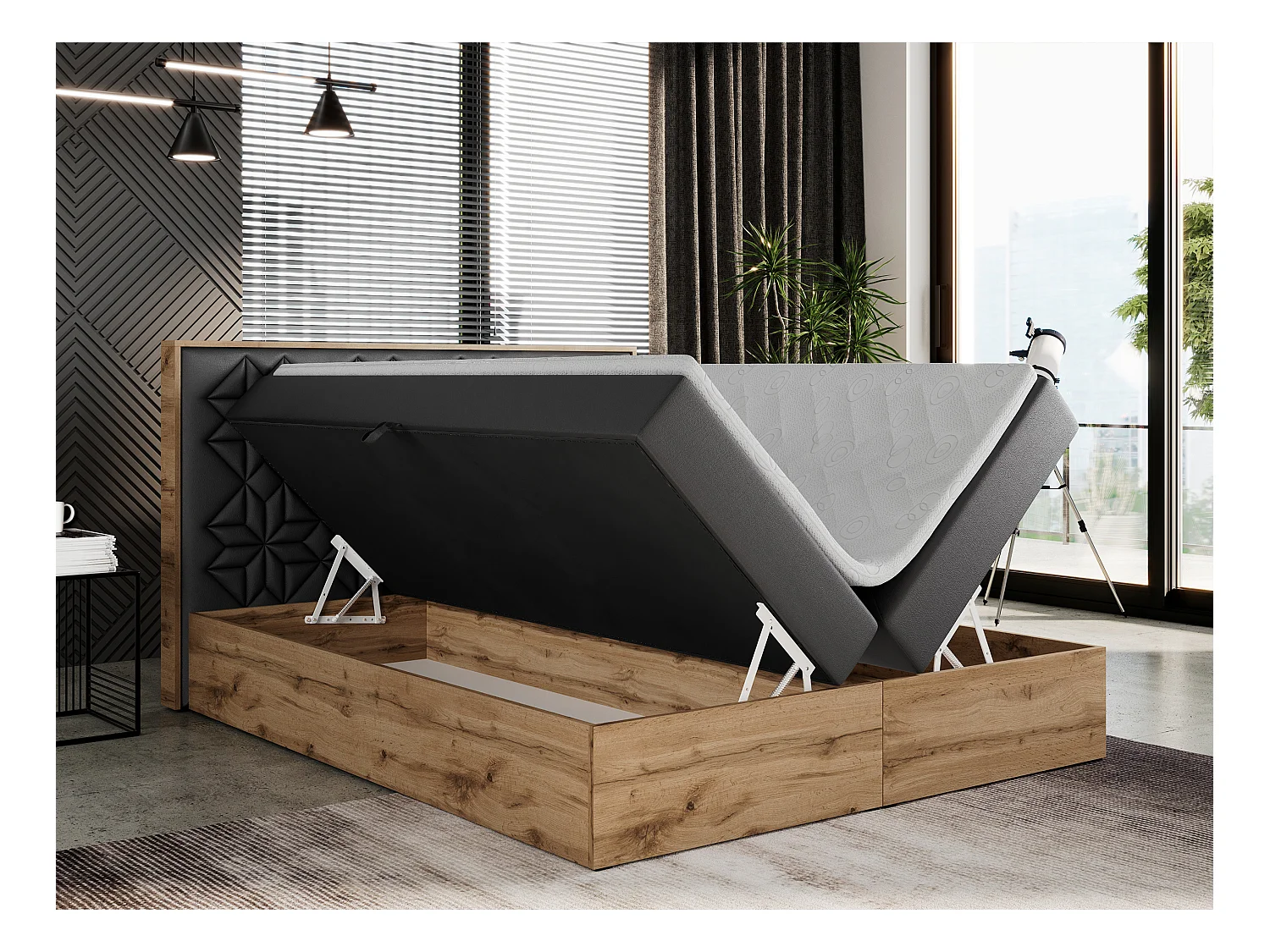 Boxspringbett NESSI - mit hoher Kopfstütze, Multipocket-Matratze und Topper, Doppelbett mit Bettkästen - 120x200 cm - H4 - Dunkelgrau Kunstleder