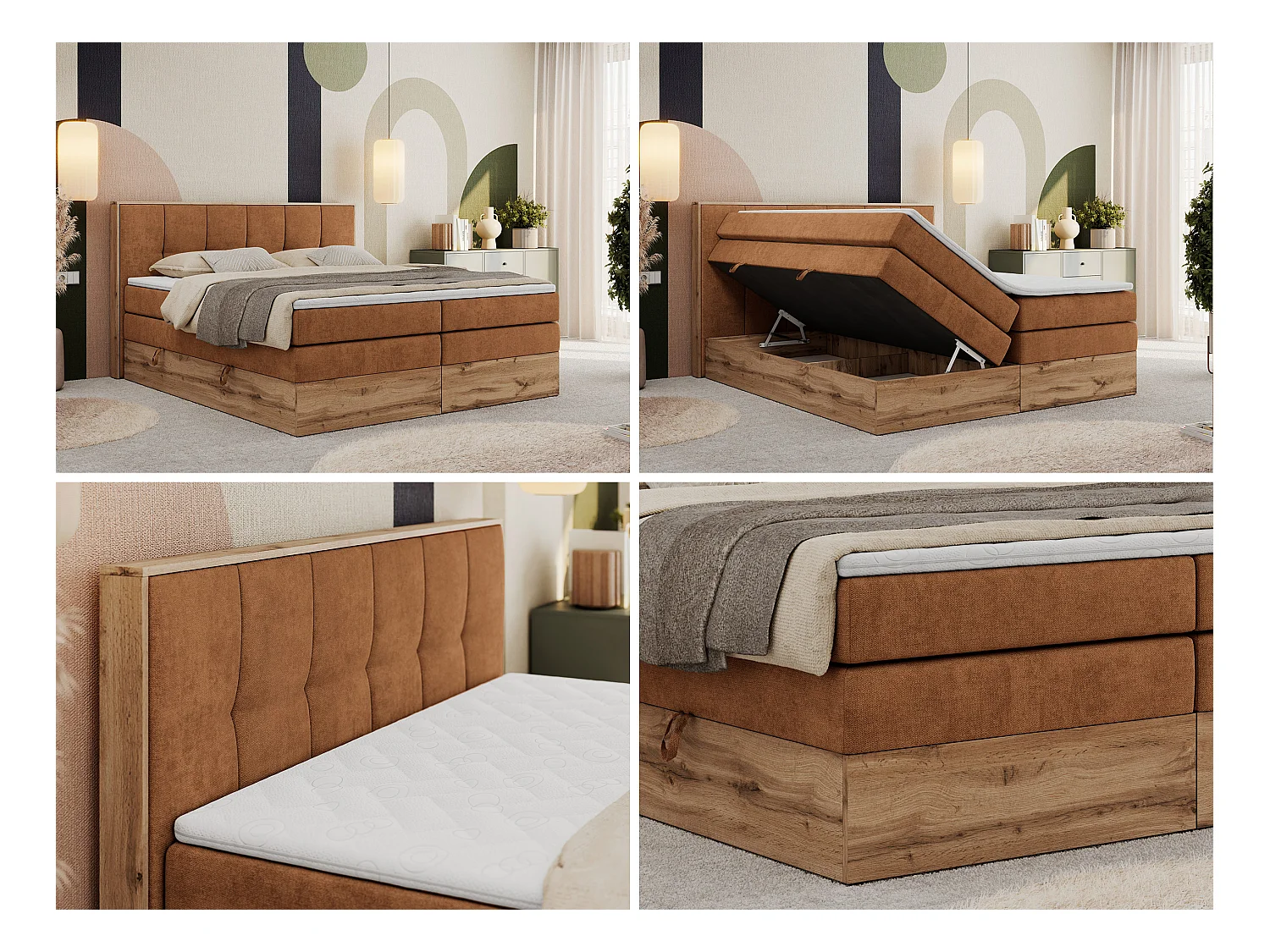 Boxspringbett ALBERO 1 KING - zwei 7 Härtezonen Multipocket-Matratzen, Doppelbett mit Stauraum, Eiche Wotan Holzrahmen - 200x200 cm - H4 - Orange Strukture