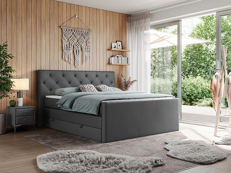 Boxspringbett VELEN KING - Doppelbett mit gestepptem Kopfteil, zwei Multipocket-Matratzen, Polsterbett mit Kopfstütze - 120x200 cm - H4 - Dunkelgrau Kunstleder