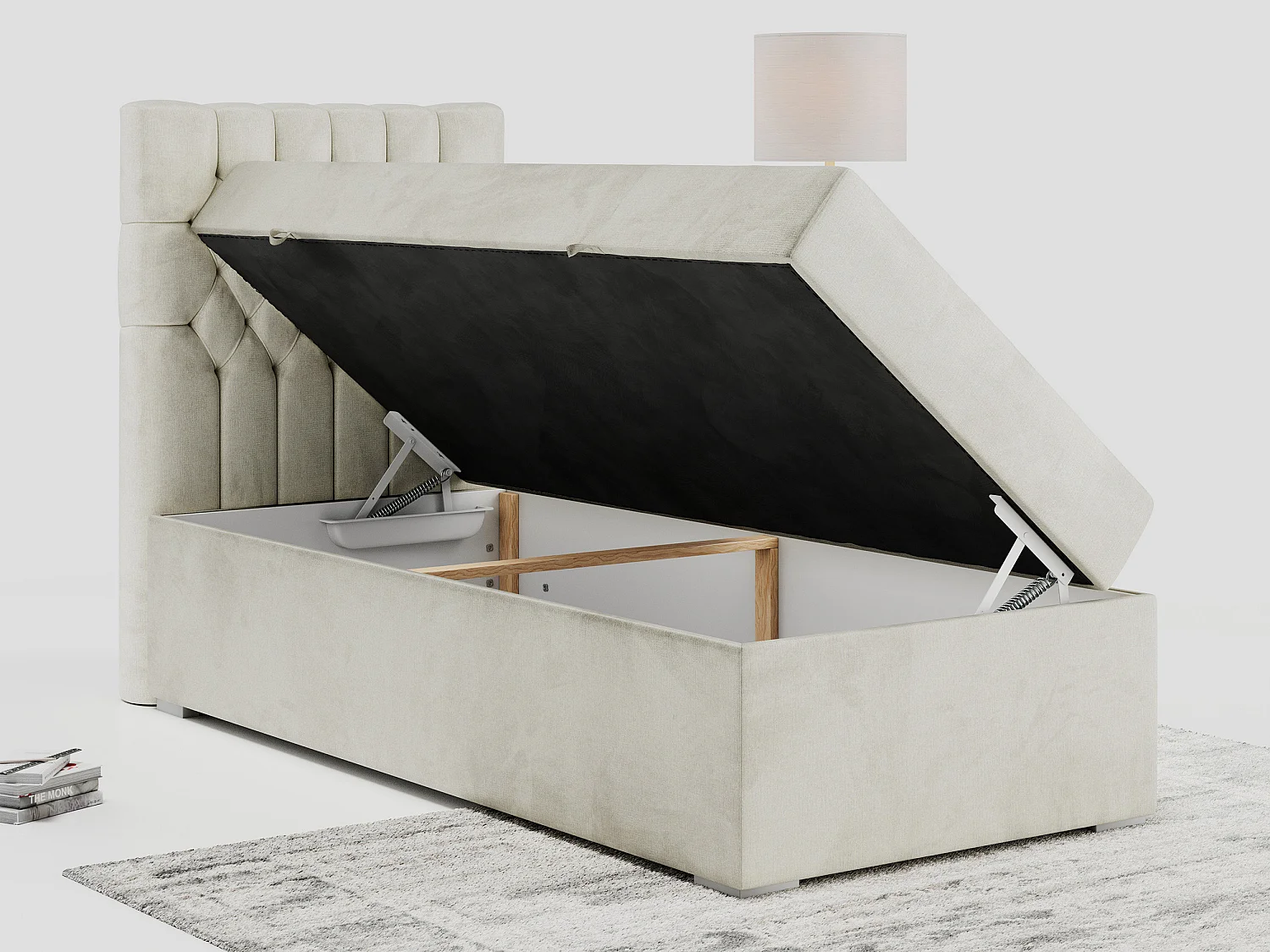 Boxspringbett PERA - Einzelbett mit Kopfstütze, Polsterbett, Multipocket-Matratze, genähtes Kopfteil - 90x200 cm - H3 - Beige Velvet - Links Seite