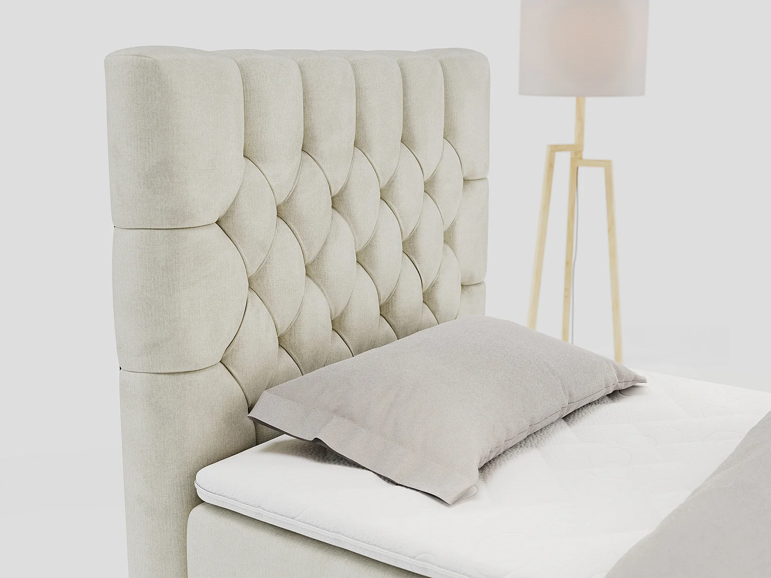 Boxspringbett PERA - Einzelbett mit Kopfstütze, Polsterbett, Multipocket-Matratze, genähtes Kopfteil - 90x200 cm - H3 - Beige Velvet - Links Seite