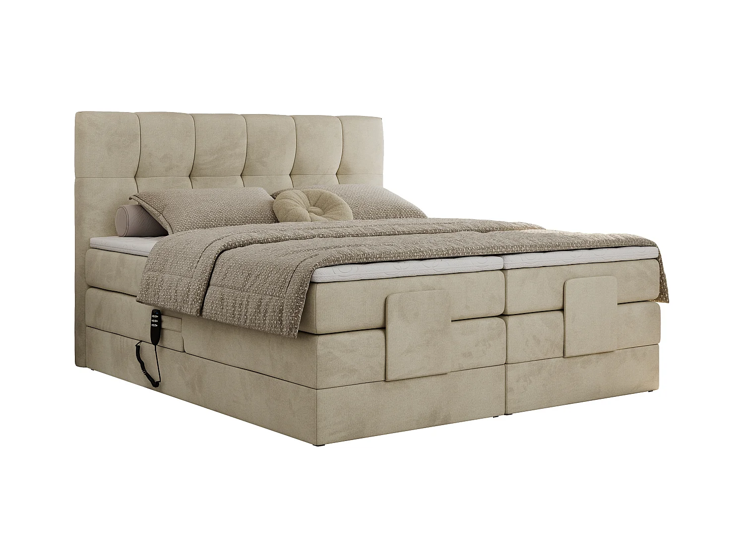 Boxspringbett VITTORIA - mit gestepptem Kopfteil, elektrischem Untergestell, Multipocket-Matratze - 140x200 cm - H3 - Beige Velvet