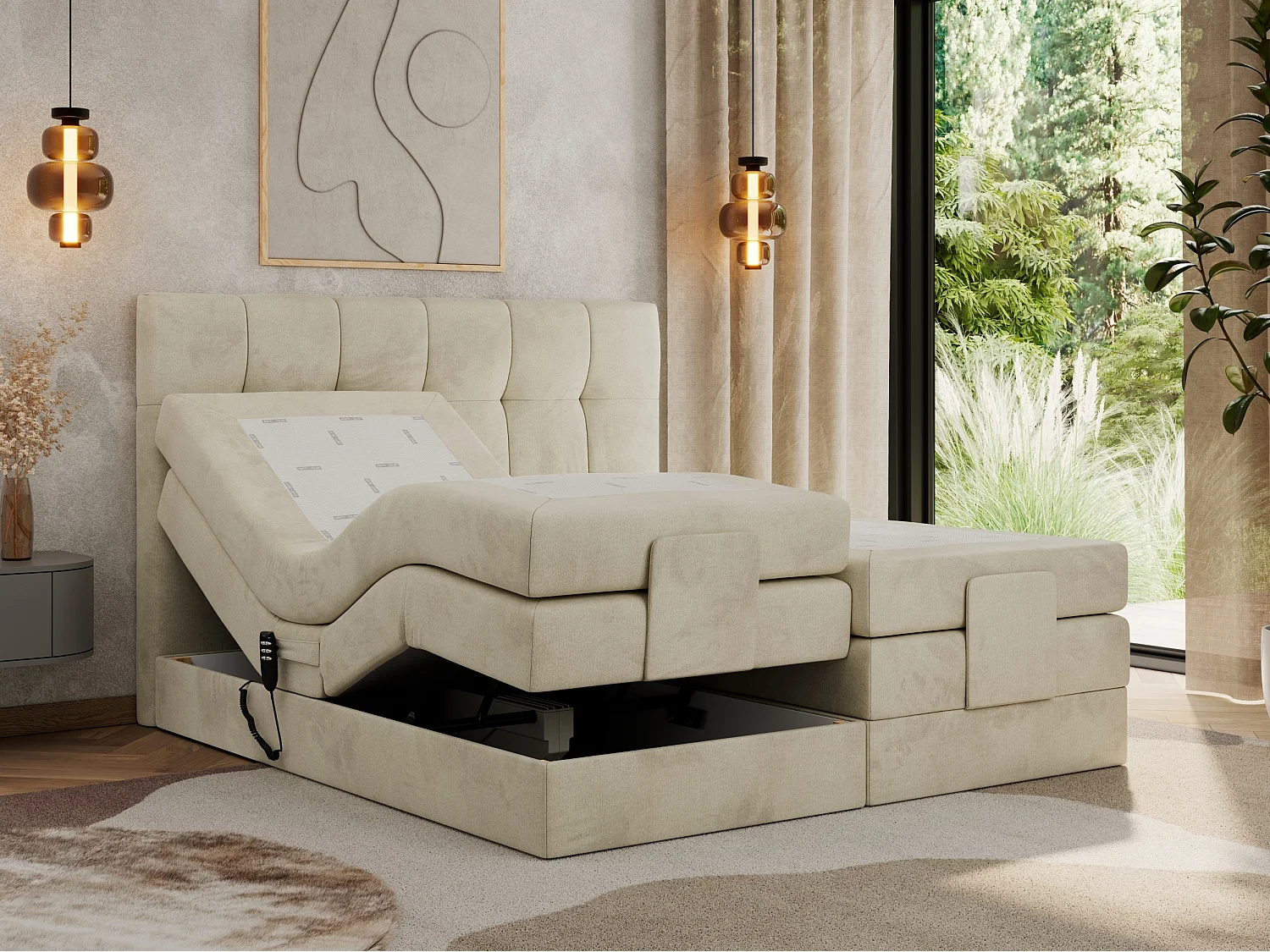 Boxspringbett VITTORIA - mit gestepptem Kopfteil, elektrischem Untergestell, Multipocket-Matratze - 140x200 cm - H3 - Beige Velvet