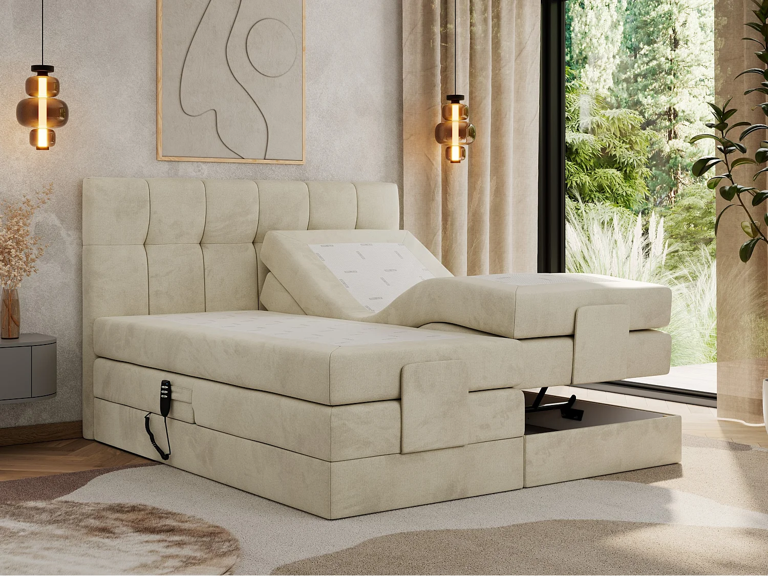 Boxspringbett VITTORIA - mit gestepptem Kopfteil, elektrischem Untergestell, Multipocket-Matratze - 140x200 cm - H3 - Beige Velvet