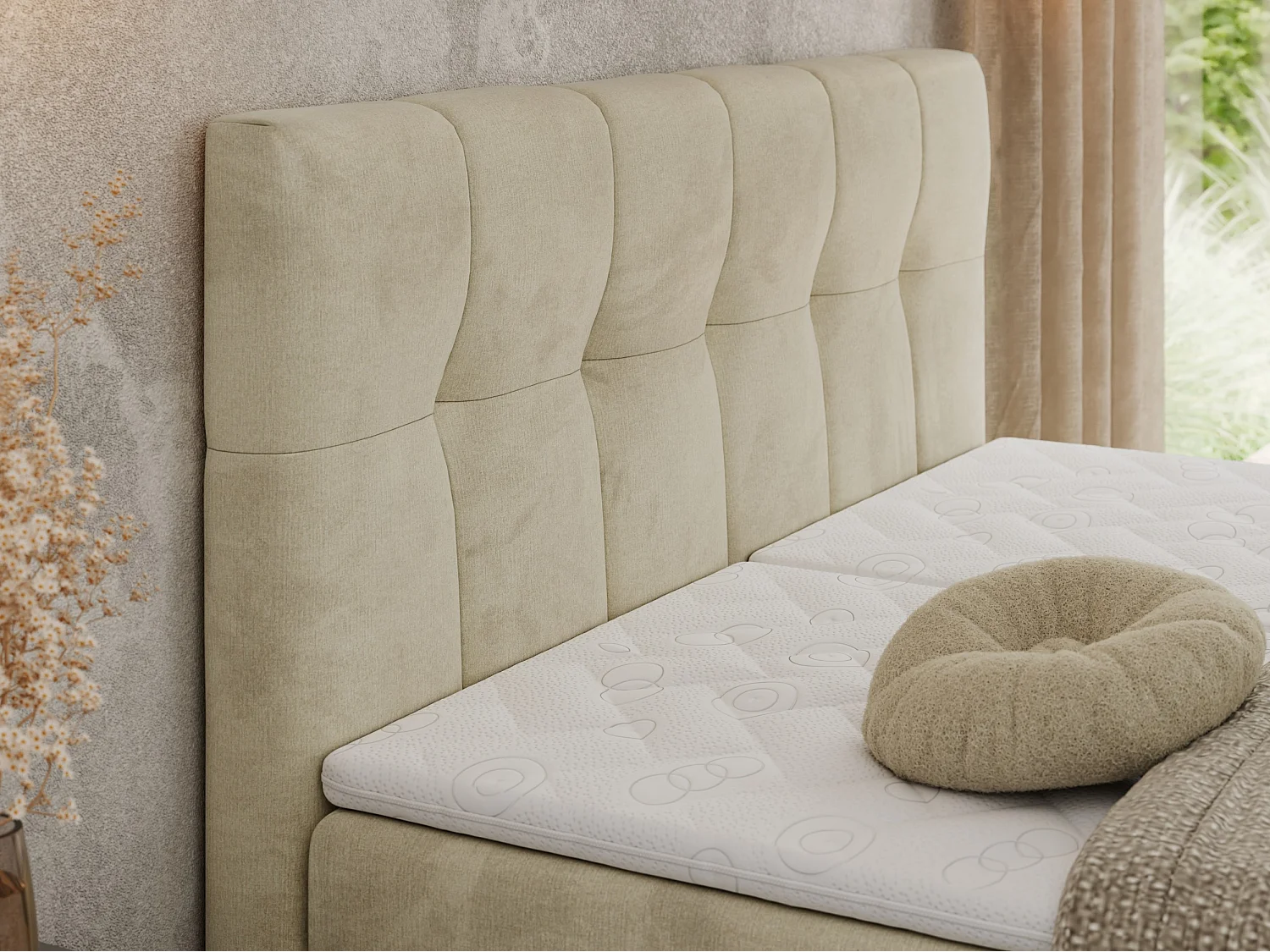 Boxspringbett VITTORIA - mit gestepptem Kopfteil, elektrischem Untergestell, Multipocket-Matratze - 140x200 cm - H3 - Beige Velvet