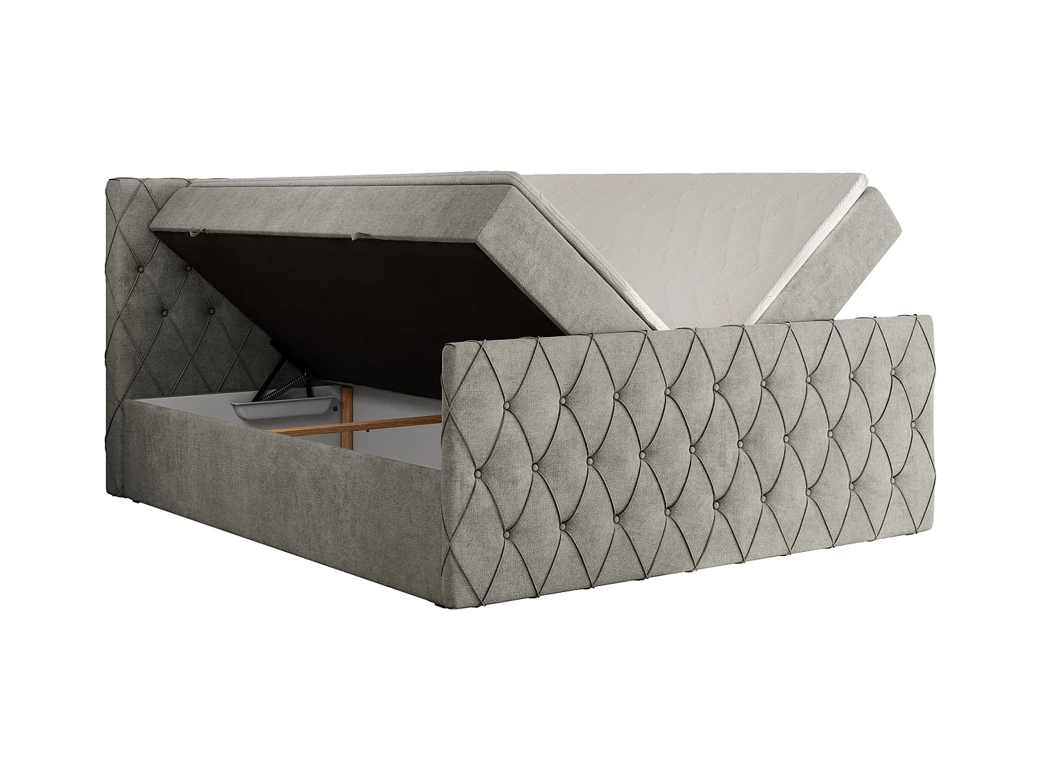 Boxspringbett MIREN DUO - mit gestepptem Kopfteil und Front, Multipocket-Matratze, zwei Bettkästen - 180x200 cm - H4 - Hellgrau Strukture