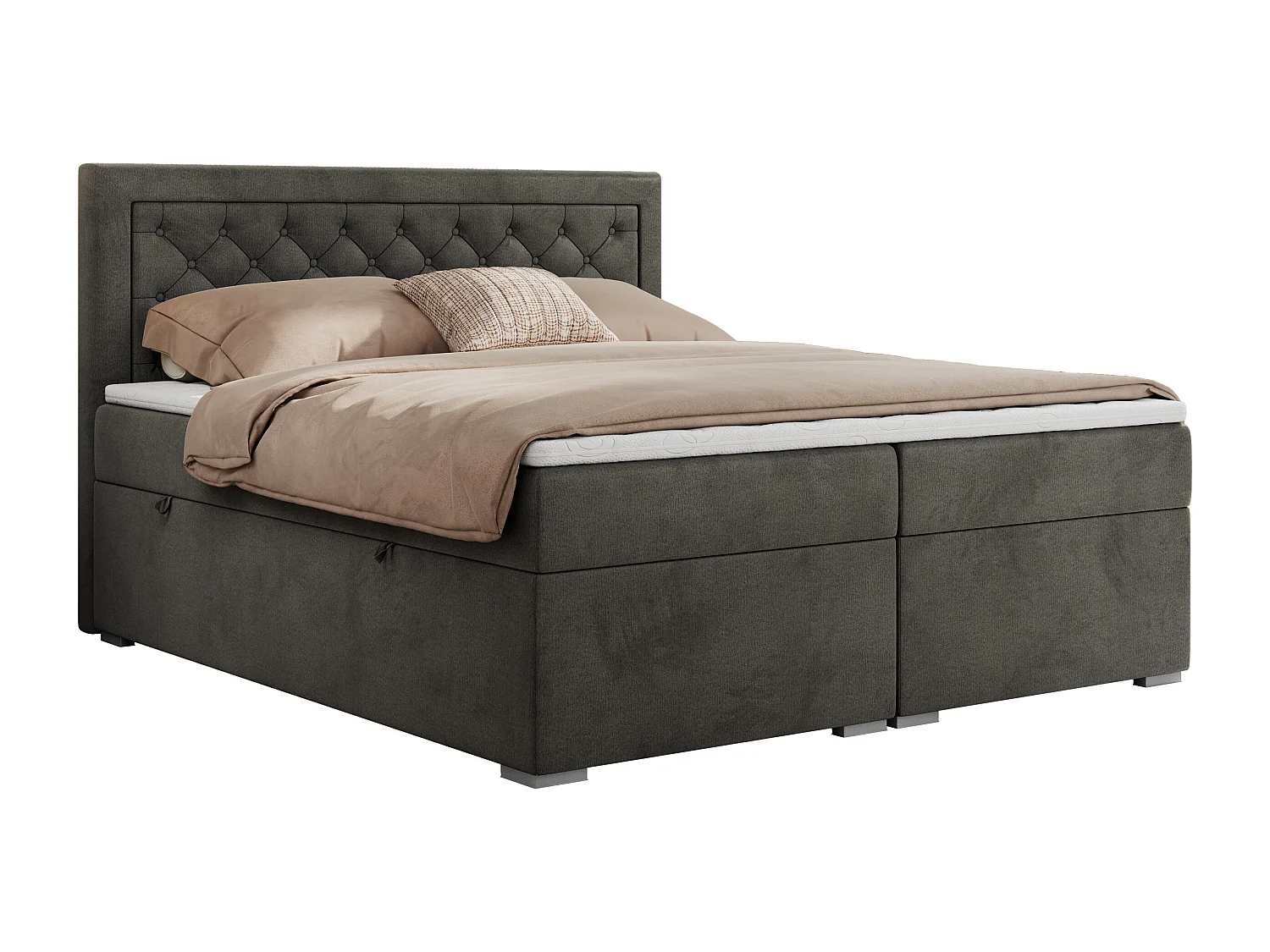 Boxspringbett JASIR - mit gestepptem Kopfteil, Doppelbett für Schlafzimmer, Multipocket-Matratze, Stauraum - 180x200 cm - H3 - Dunkelgrau Velvet