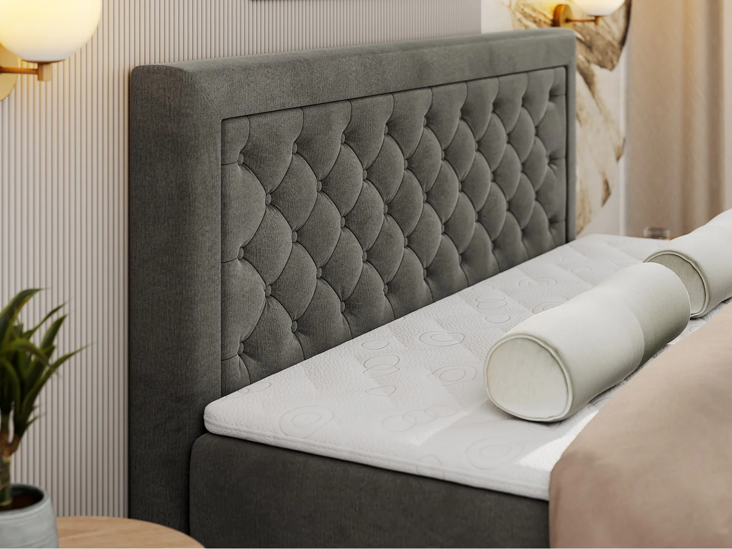 Boxspringbett JASIR - mit gestepptem Kopfteil, Doppelbett für Schlafzimmer, Multipocket-Matratze, Stauraum - 180x200 cm - H3 - Dunkelgrau Velvet