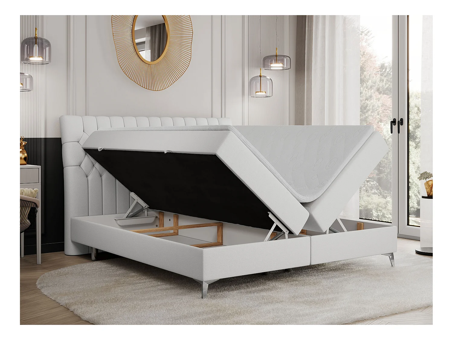 Boxspringbett MILEN - gepolstertes Schlafzimmerbett, zwei Multipocket-Matratze, dekorative hohe Beine - 200x200 cm - H4 - Weiß Kunstleder