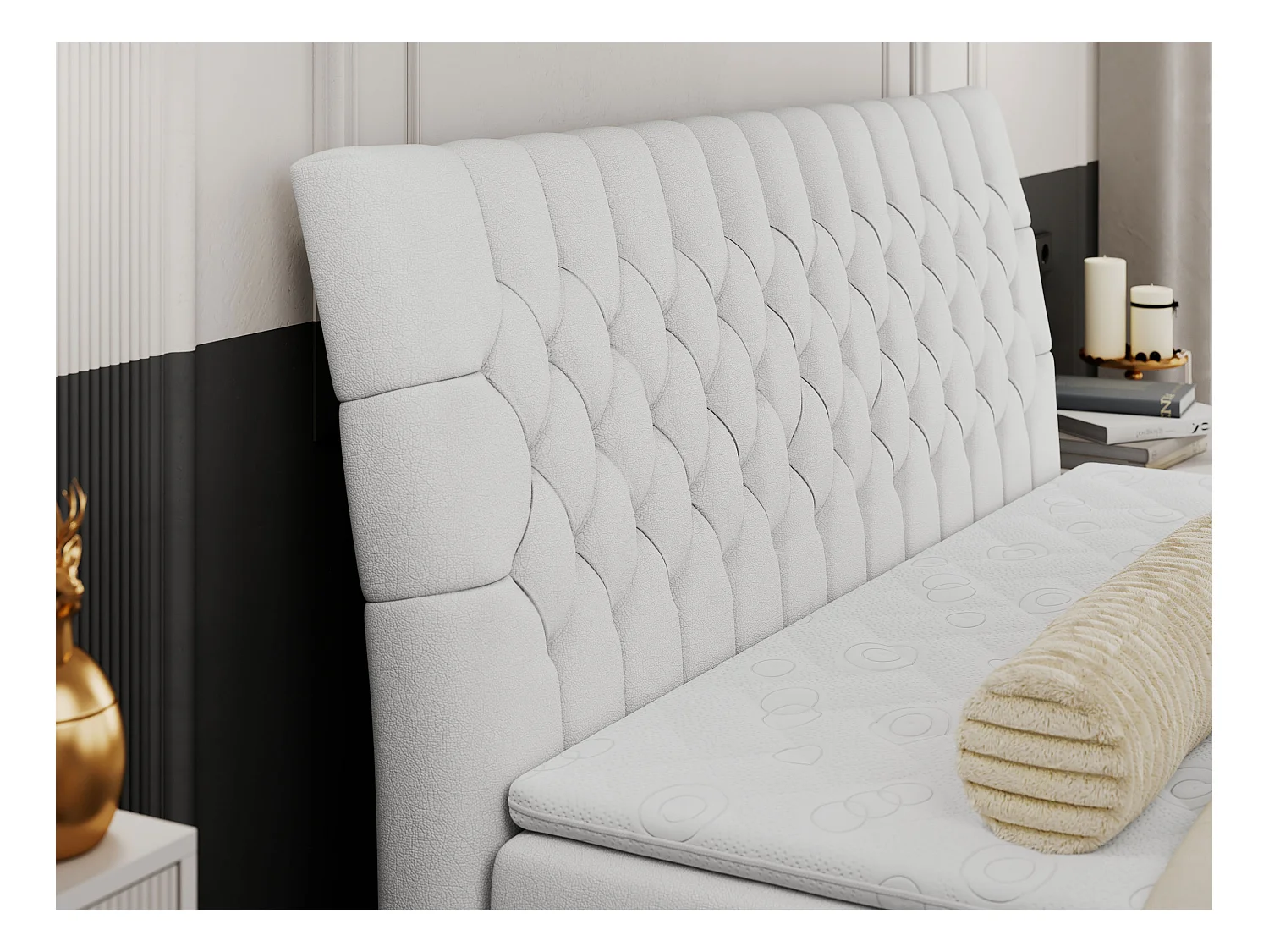 Boxspringbett MILEN - gepolstertes Schlafzimmerbett, zwei Multipocket-Matratze, dekorative hohe Beine - 200x200 cm - H4 - Weiß Kunstleder