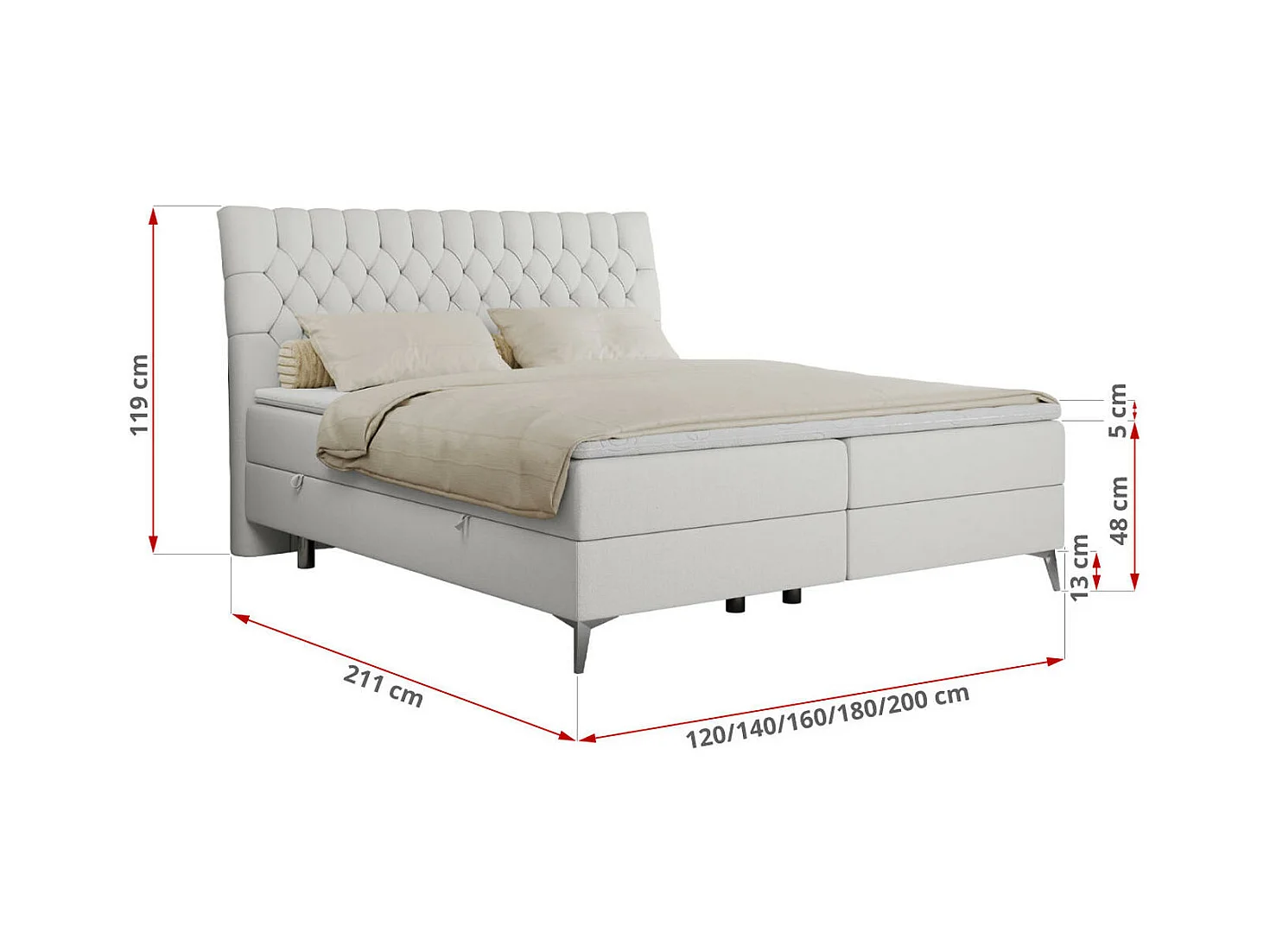 Boxspringbett MILEN - gepolstertes Schlafzimmerbett, zwei Multipocket-Matratze, dekorative hohe Beine - 200x200 cm - H4 - Weiß Kunstleder