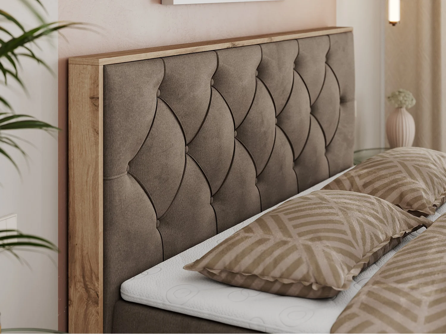 Boxspringbett VENETO - gestepptem Kopfteil, Set mit Multipocket-Matratze und Topper, Holzrahmen, zwei Bettkästen - 140x200 cm - H4 - Braun Velvet