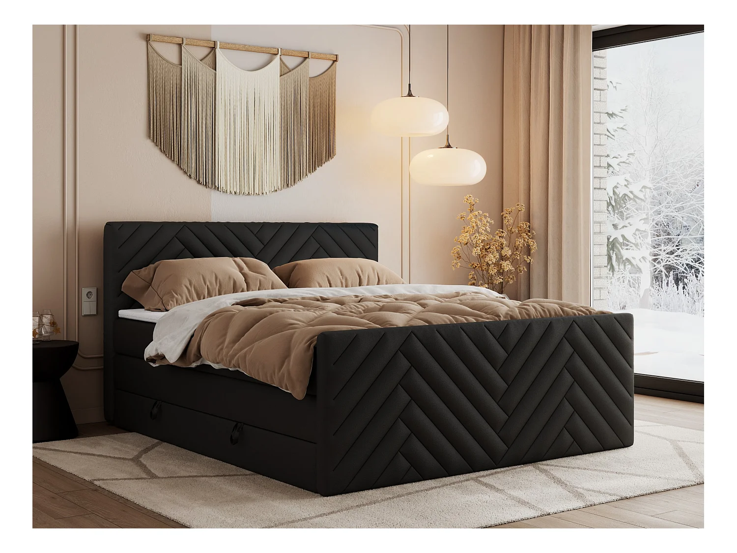 Boxspringbett PARIS KING DUO - dekorative Kopfstütze und Front, zwei Multipocket-Matratze mit Topper - 200x200 cm - H3 - Schwarz Kunstleder