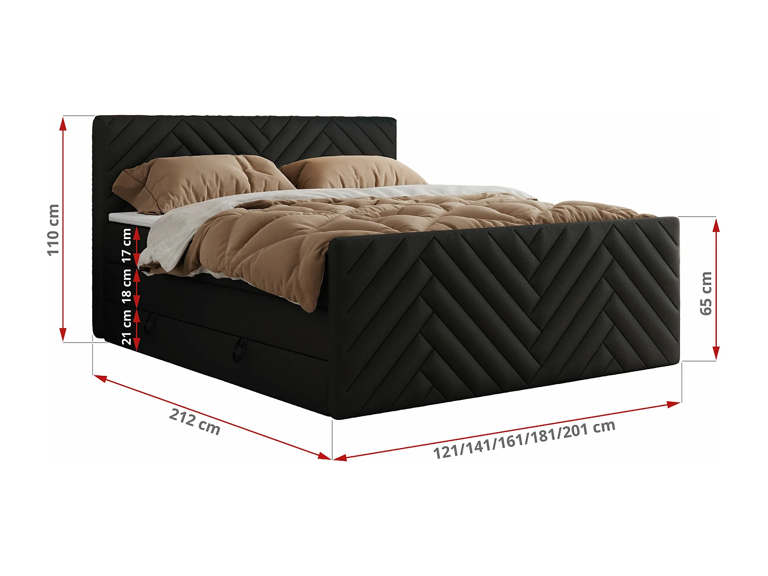 Boxspringbett PARIS KING DUO - dekorative Kopfstütze und Front, zwei Multipocket-Matratze mit Topper - 200x200 cm - H3 - Schwarz Kunstleder