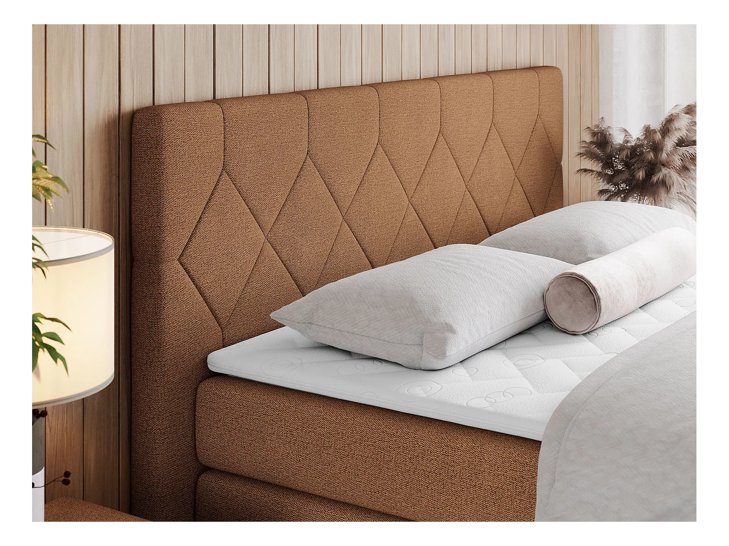 Boxspringbett EIGAR KING - Doppelbett mit genähtem Kopfteil, zwei Multipocket-Matratzen, Polsterbett für Schlafzimmer - 120x200 cm - H4 - Orange Strukture