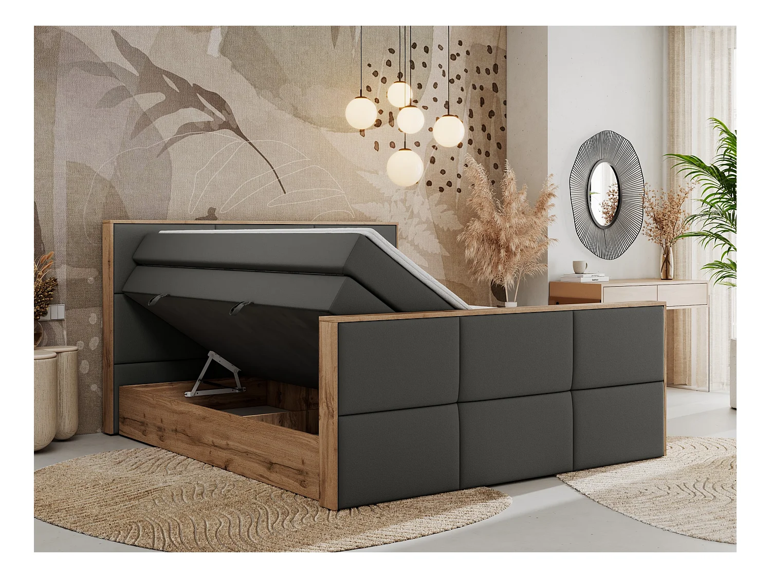 Boxspringbett ALBERO 2 KING DUO - Eiche Wotan Holzrahmen, zwei Multipocket-Matratzen, Bettkästen - 160x200 cm - H4 - Dunkelgrau Kunstleder