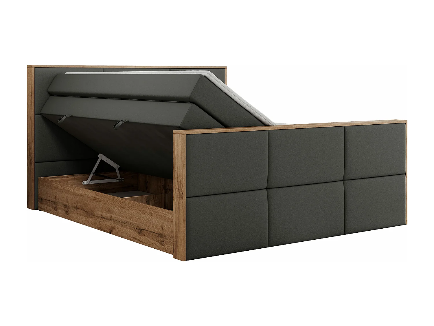 Boxspringbett ALBERO 2 KING DUO - Eiche Wotan Holzrahmen, zwei Multipocket-Matratzen, Bettkästen - 160x200 cm - H4 - Dunkelgrau Kunstleder