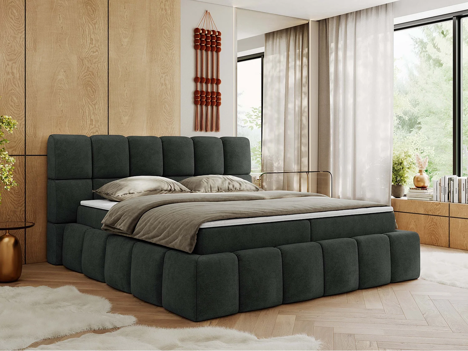 Boxspringbett NIRA - dekorativ kopfteil, Bettkästen und Multipocket-Matratze, Doppelbett für Schlafzimmer - 200x200 cm - H4 - Dunkelgrau Strukture