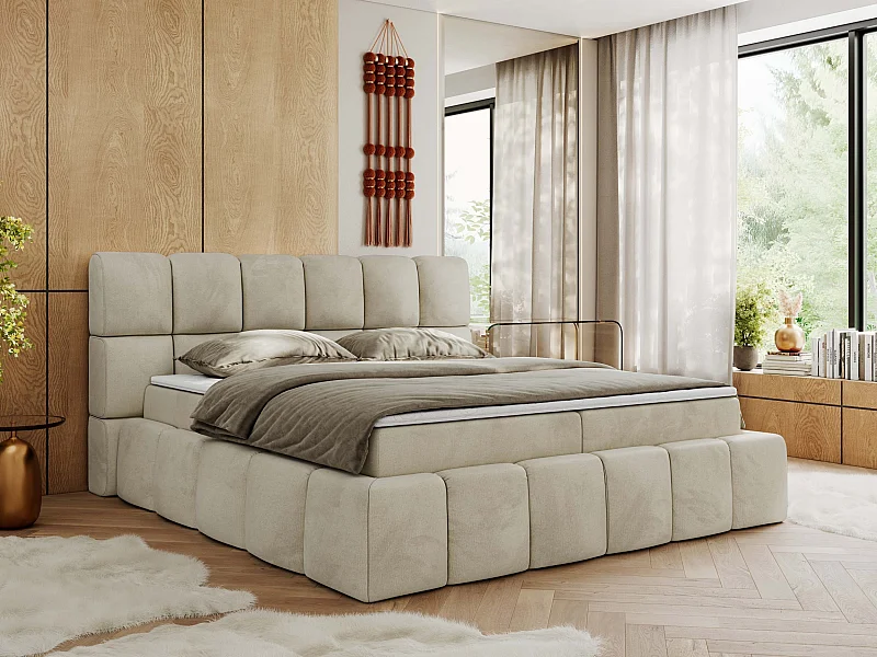 Boxspringbett NIRA - dekorativ kopfteil, Bettkästen und Multipocket-Matratze, Doppelbett für Schlafzimmer - 120x200 cm - H4 - Beige Velvet