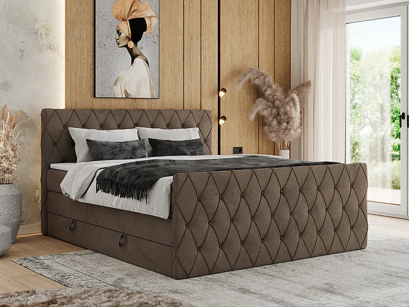 Boxspringbett MIREN KING DUO - für Schlafzimmer mit zwei Multipocket-Matratzen und Topper, gestepptes Kopfteil und Front  - 180x200 cm - H3 - Braun Velvet
