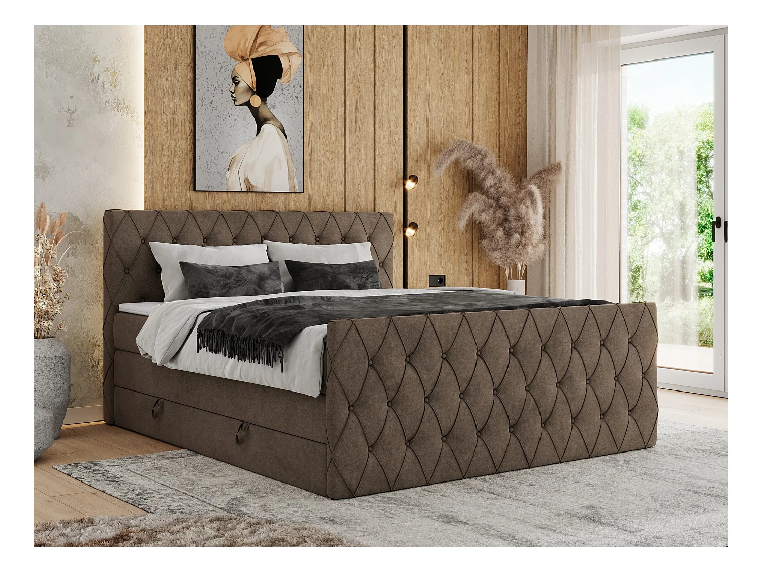 Boxspringbett MIREN KING DUO - für Schlafzimmer mit zwei Multipocket-Matratzen und Topper, gestepptes Kopfteil und Front  - 180x200 cm - H3 - Braun Velvet