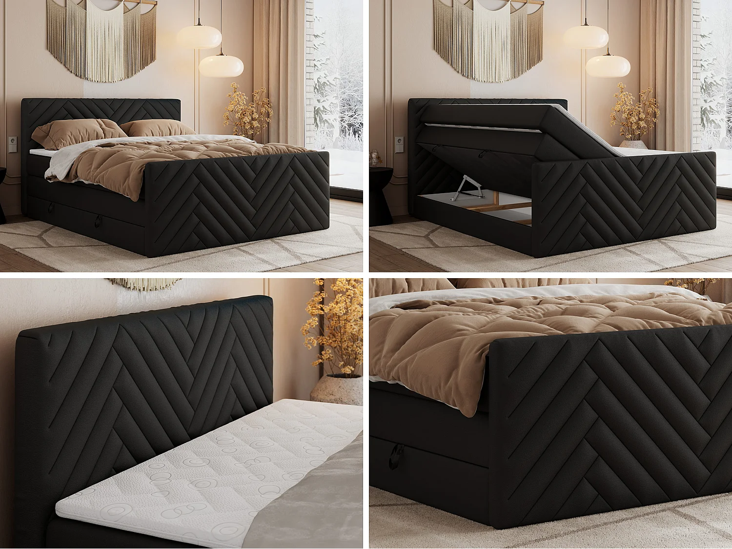Boxspringbett PARIS KING DUO - dekorative Kopfstütze und Front, zwei Multipocket-Matratze mit Topper - 180x200 cm - H3 - Schwarz Kunstleder