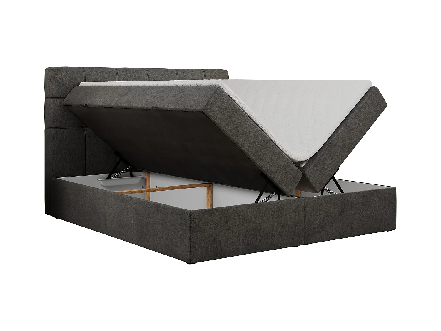 Boxspringbett ERNI - mit gestepptem Kopfteil, Polsterbett, Multipocket-Matratze und Topper, Bettkästen - 140x200 cm - H3 - Dunkelgrau Velvet