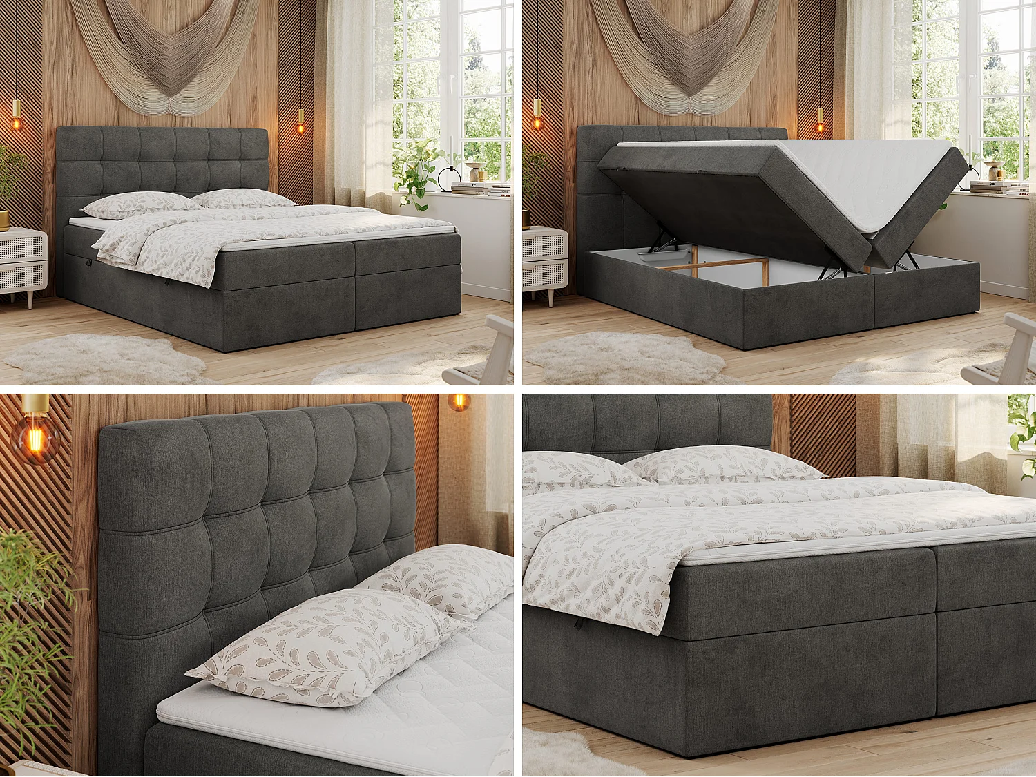 Lit boxspring - Dureté H3 + Topper T25 - Anthracite Velours - 140x200 - ERNI