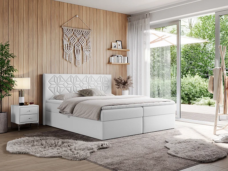 Boxspringbett LEILA - gestepptes Kopfteil,  7 Härtezonen Multipocket-Matratzen, Doppelbett mit Bettkästen - 180x200 cm - H3 - Weiß Kunstleder