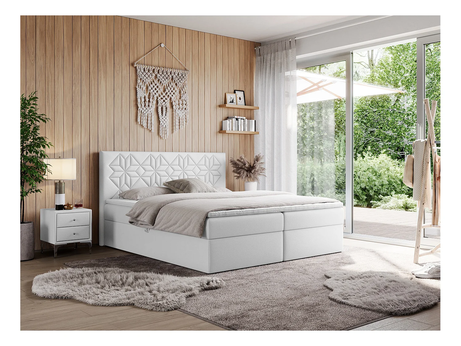 Boxspringbett LEILA - gestepptes Kopfteil,  7 Härtezonen Multipocket-Matratzen, Doppelbett mit Bettkästen - 180x200 cm - H3 - Weiß Kunstleder