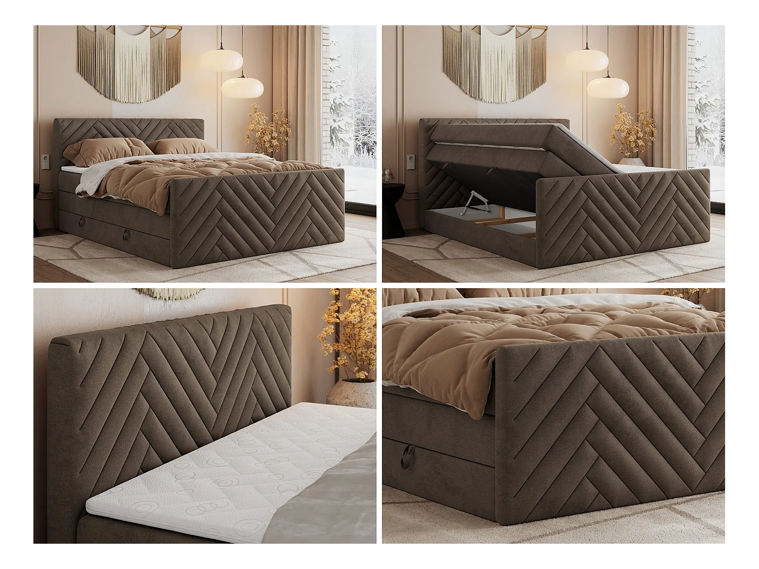Boxspringbett PARIS KING DUO - dekorative Kopfstütze und Front, zwei Multipocket-Matratze mit Topper - 200x200 cm - H4 - Braun Velvet