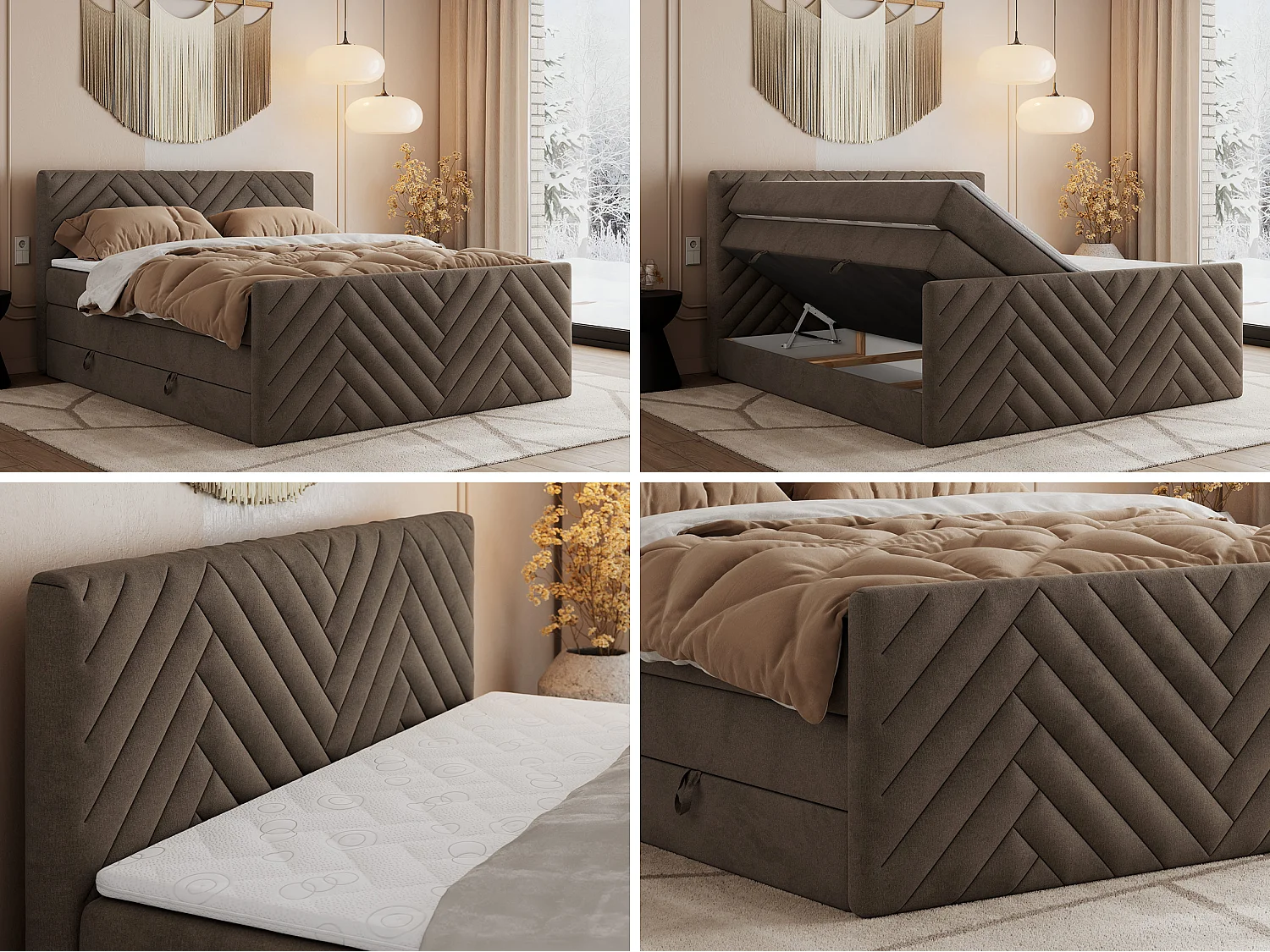 Boxspringbett PARIS KING DUO - dekorative Kopfstütze und Front, zwei Multipocket-Matratze mit Topper - 200x200 cm - H4 - Braun Velvet