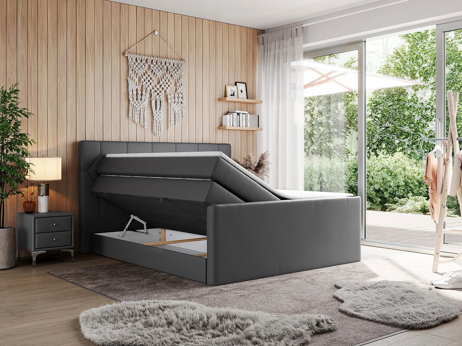 Boxspringbett EIGAR KING - Doppelbett mit genähtem Kopfteil, zwei Multipocket-Matratzen, Polsterbett für Schlafzimmer - 140x200 cm - H3 - Dunkelgrau Kunstleder