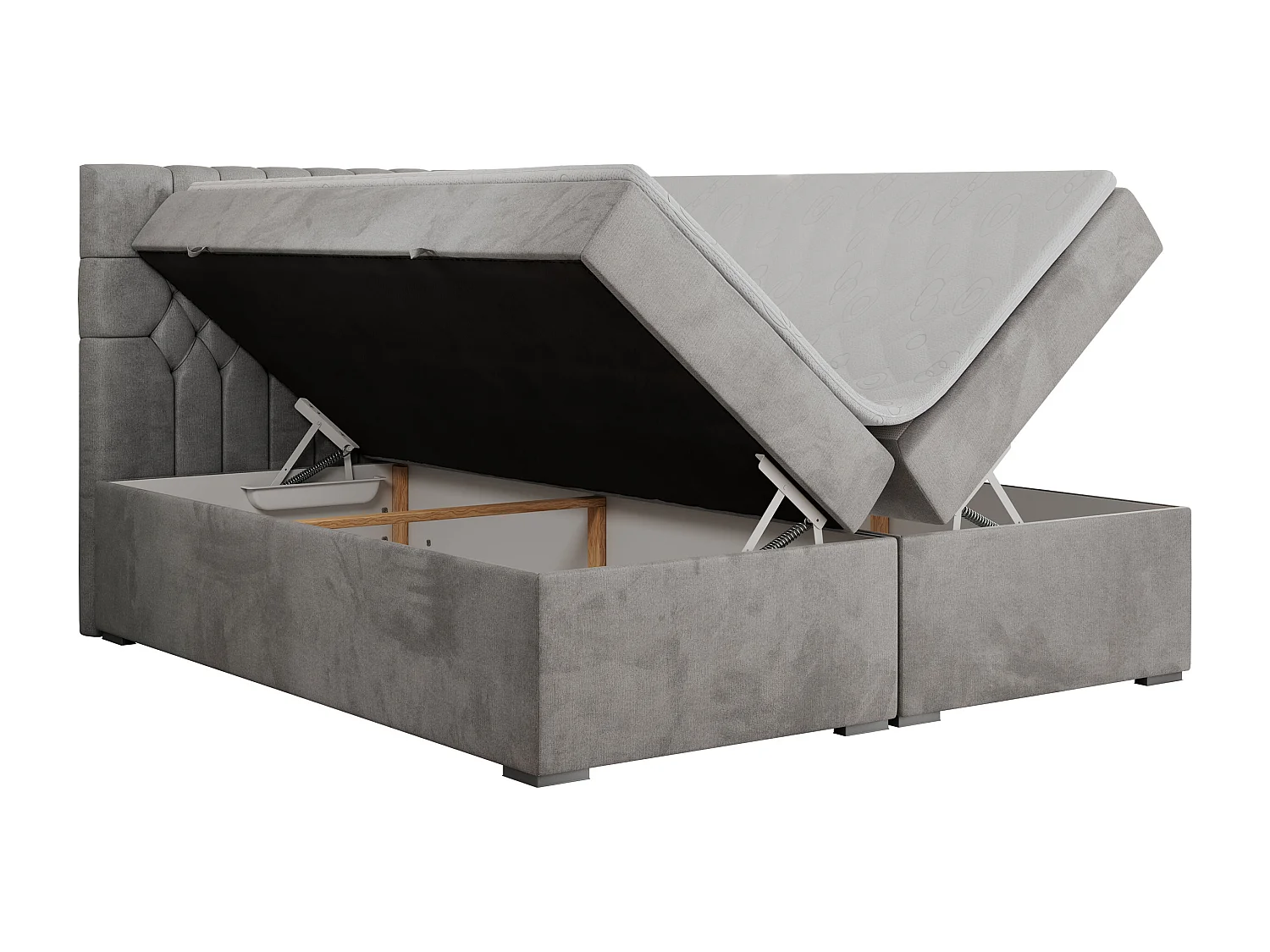 Boxspringbett PERA - gesteppte Kopfstütze, Multipocket-Matratze und Topper, Doppelbett mit Stauraum - 160x200 cm - H4 - Hellgrau Velvet