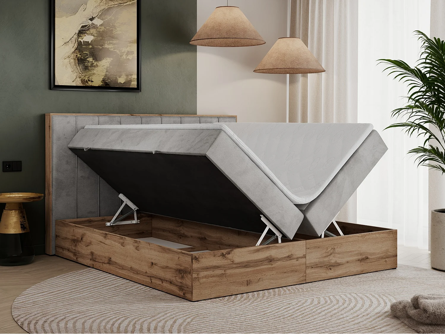 Boxspringbett BELLISSIMO - mit gestepptem Kopfteil, Polsterbett mit zwei Bettkästen, Multipocket-Matratze - 200x200 cm - H4 - Hellgrau Velvet