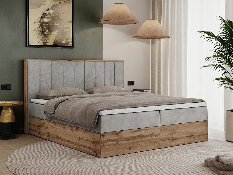 Boxspringbett BELLISSIMO - mit gestepptem Kopfteil, Polsterbett mit zwei Bettkästen, Multipocket-Matratze - 200x200 cm - H4 - Hellgrau Velvet