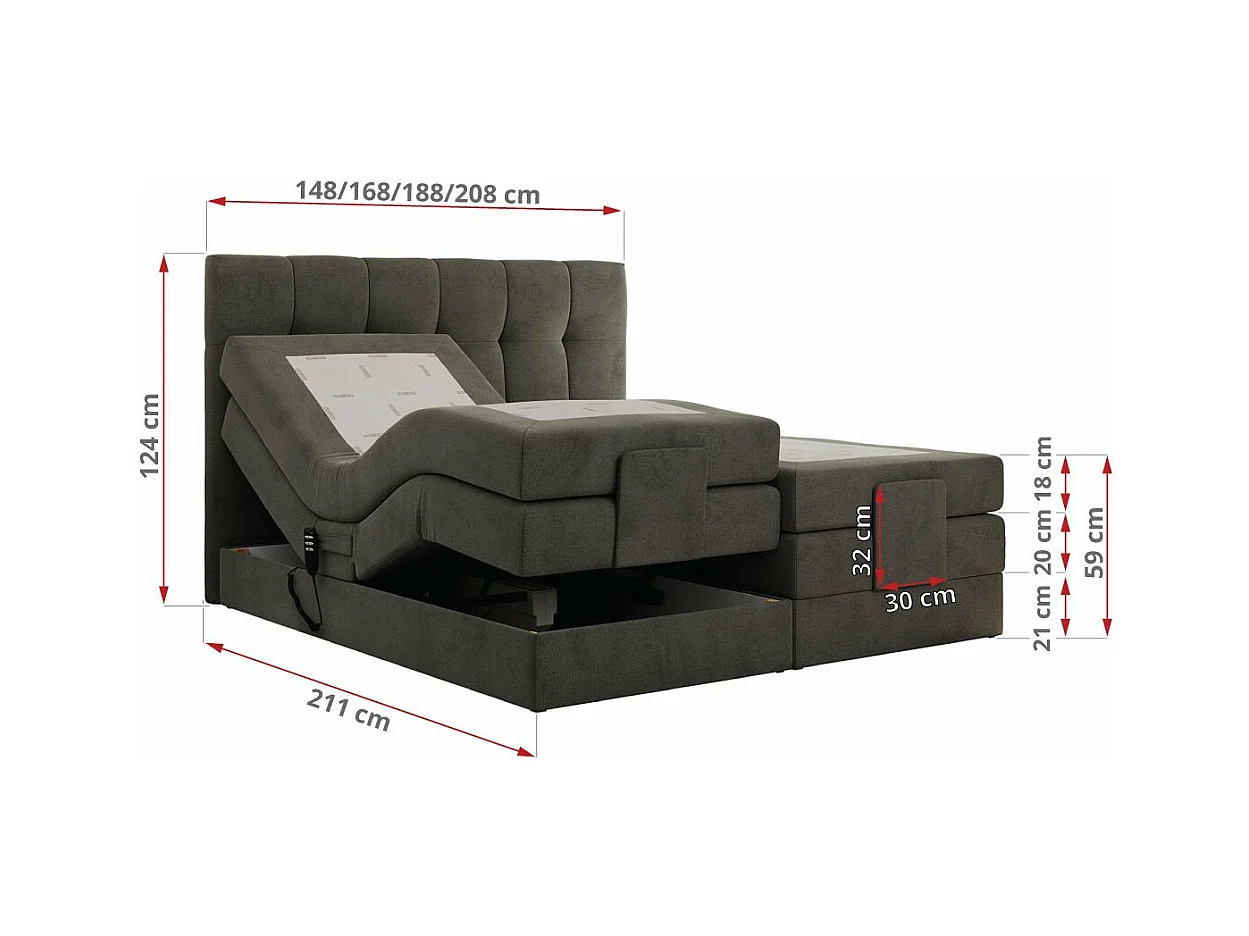 Boxspringbett VITTORIA - mit gestepptem Kopfteil, elektrischem Untergestell, Multipocket-Matratze - 180x200 cm - H4 - Dunkelgrau Velvet