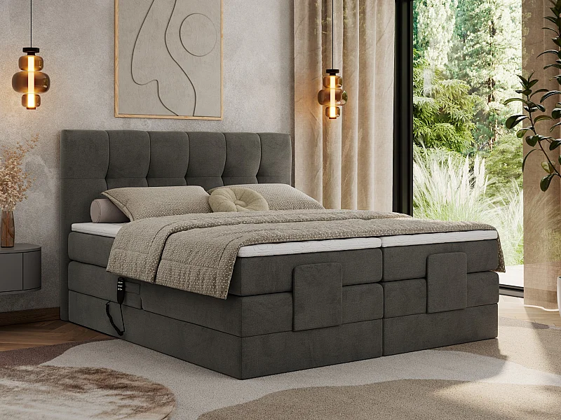 Boxspringbett VITTORIA - mit gestepptem Kopfteil, elektrischem Untergestell, Multipocket-Matratze - 180x200 cm - H4 - Dunkelgrau Velvet