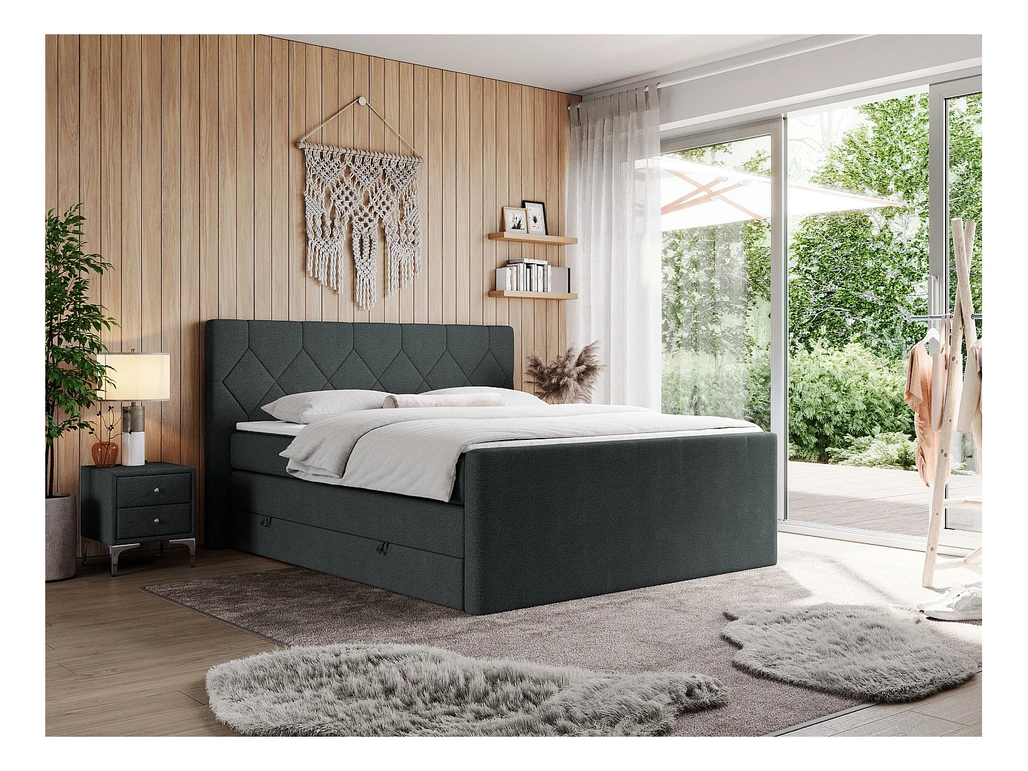 Boxspringbett EIGAR KING - Doppelbett mit genähtem Kopfteil, zwei Multipocket-Matratzen, Polsterbett für Schlafzimmer - 200x200 cm - H3 - Dunkelgrau Strukture