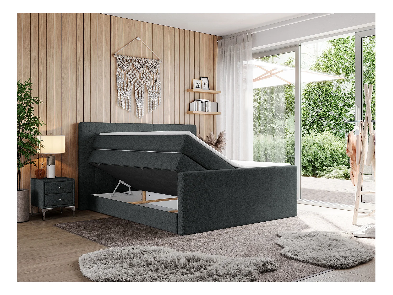 Boxspringbett EIGAR KING - Doppelbett mit genähtem Kopfteil, zwei Multipocket-Matratzen, Polsterbett für Schlafzimmer - 200x200 cm - H3 - Dunkelgrau Strukture