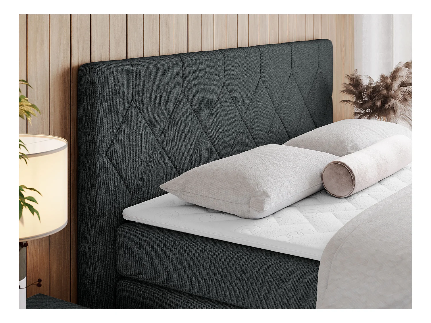 Boxspringbett EIGAR KING - Doppelbett mit genähtem Kopfteil, zwei Multipocket-Matratzen, Polsterbett für Schlafzimmer - 200x200 cm - H3 - Dunkelgrau Strukture