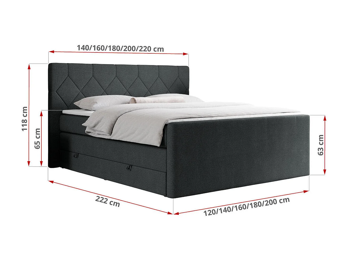 Boxspringbett EIGAR KING - Doppelbett mit genähtem Kopfteil, zwei Multipocket-Matratzen, Polsterbett für Schlafzimmer - 200x200 cm - H3 - Dunkelgrau Strukture