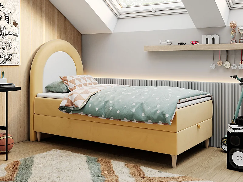 Kinderbett NEST - Boxspringbett für Kinder, mit hohem Kopfteil, Einzelbett mit Stauraum und Matratze - 90x180 cm - Gelb Velvet