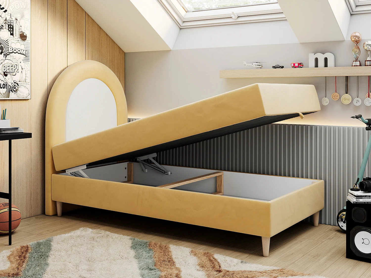 Kinderbett NEST - Boxspringbett für Kinder, mit hohem Kopfteil, Einzelbett mit Stauraum und Matratze - 90x180 cm - Gelb Velvet