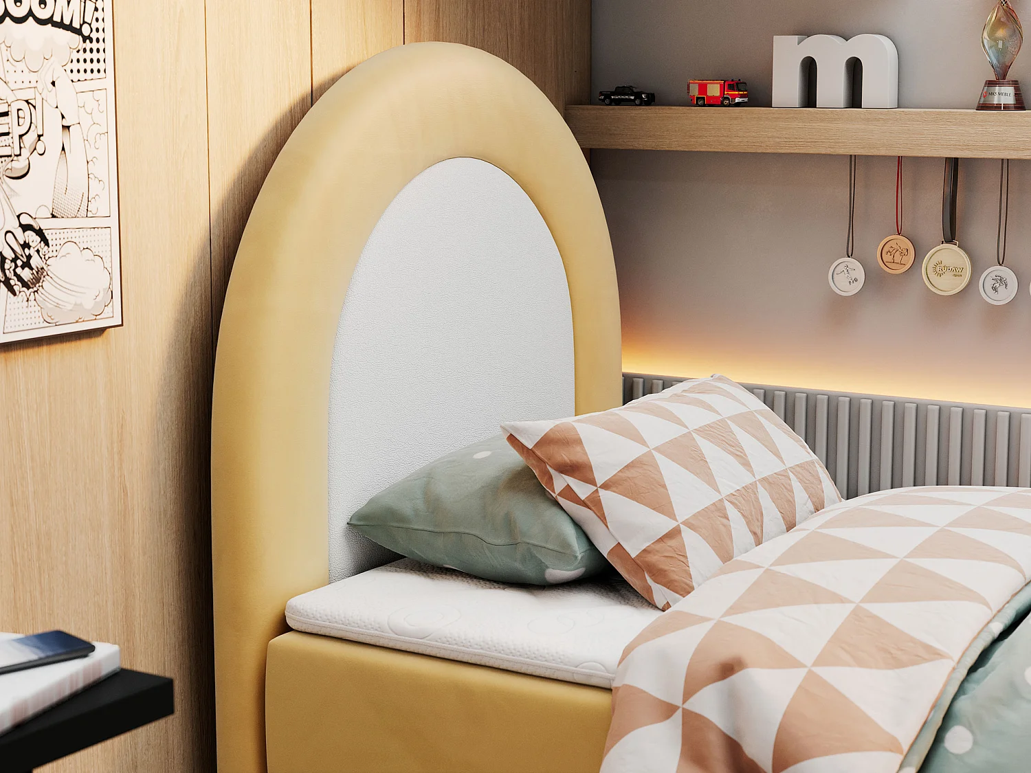 Kinderbett NEST - Boxspringbett für Kinder, mit hohem Kopfteil, Einzelbett mit Stauraum und Matratze - 90x180 cm - Gelb Velvet