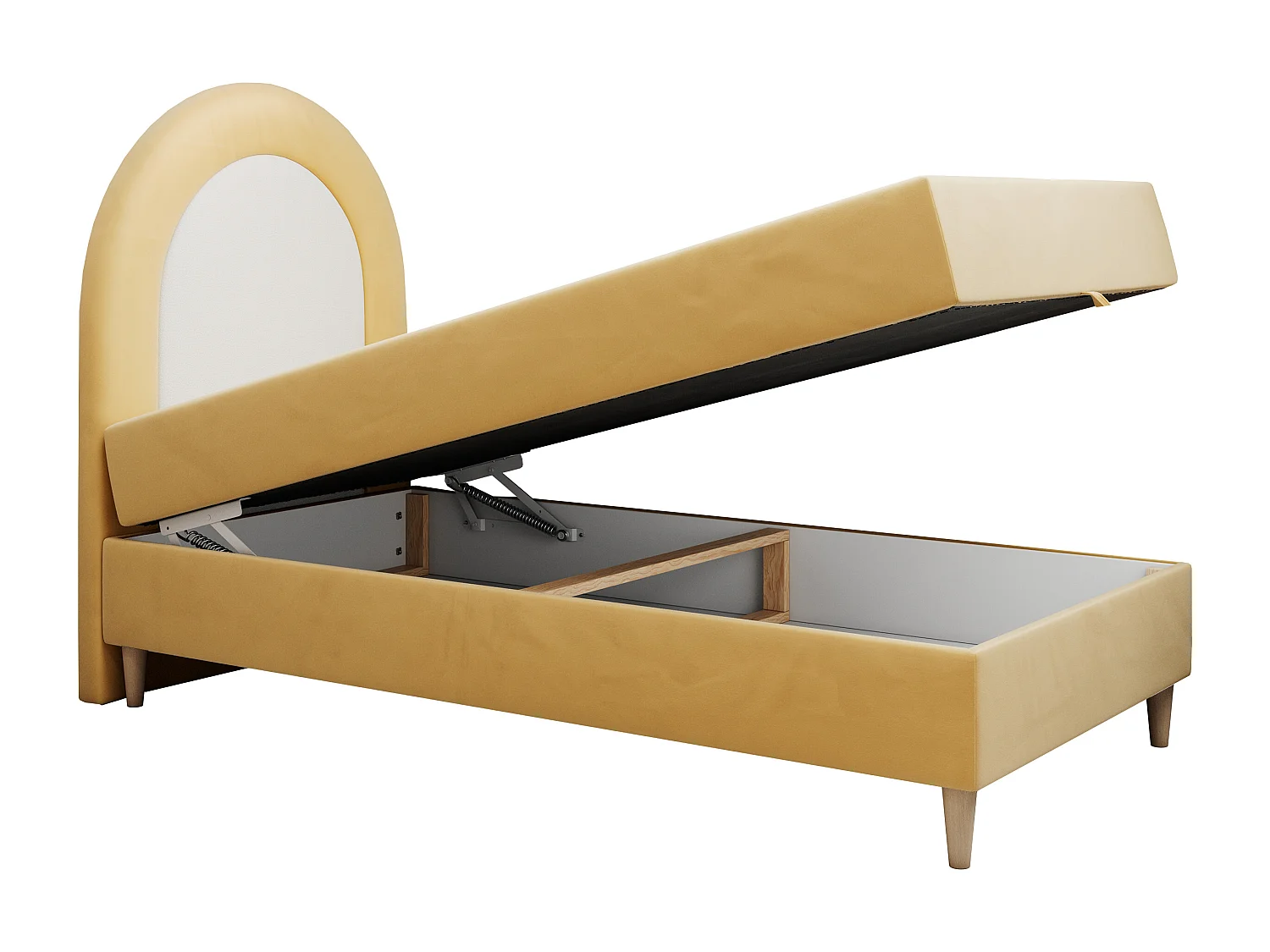 Kinderbett NEST - Boxspringbett für Kinder, mit hohem Kopfteil, Einzelbett mit Stauraum und Matratze - 90x180 cm - Gelb Velvet