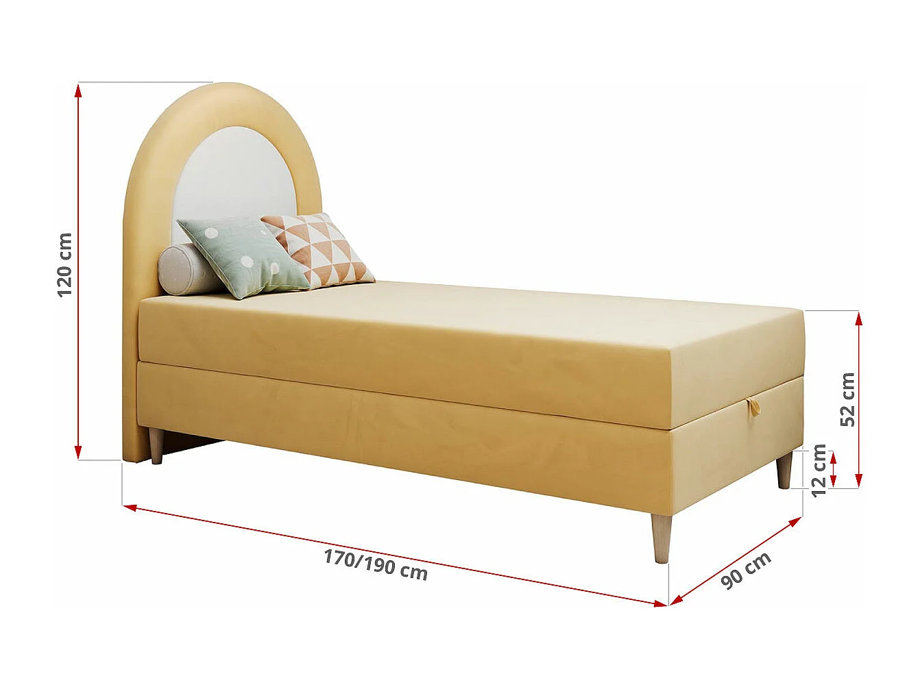 Kinderbett NEST - Boxspringbett für Kinder, mit hohem Kopfteil, Einzelbett mit Stauraum und Matratze - 90x180 cm - Gelb Velvet
