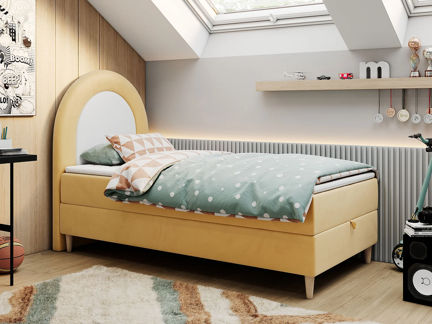 Kinderbett NEST - Boxspringbett für Kinder, mit hohem Kopfteil, Einzelbett mit Stauraum und Matratze - 90x180 cm - Gelb Velvet